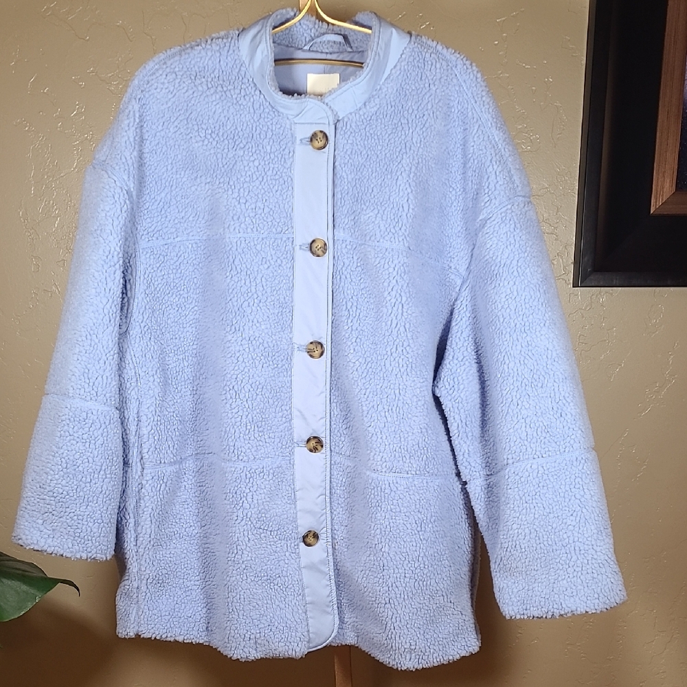 H&M Light Blue Teddy Jacket with Button-Up Front Medium